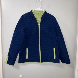 Susan Graver Style Navy Lime Green Quilted Reversible Jacket Lightweight M